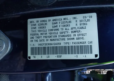 2009 Honda Accord 2.4 Lx from USA, damaged, VIN 1HGCP26369A124059